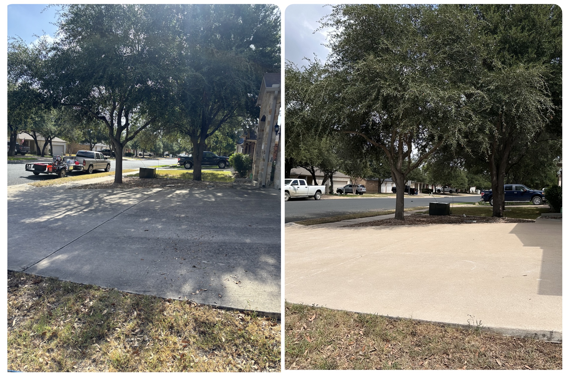 Shaded concrete driveway before and after pressure washing in Cedar Park, TX
