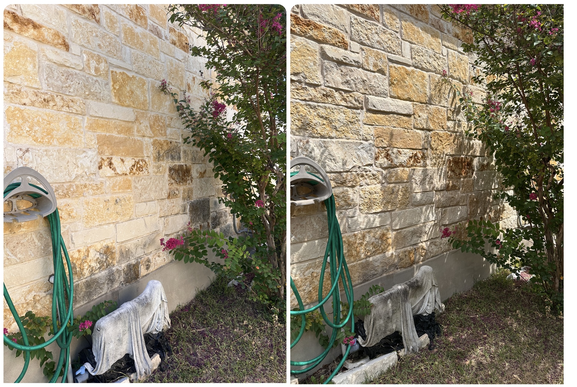 Stone wall before and after soft washing in Leander, TX