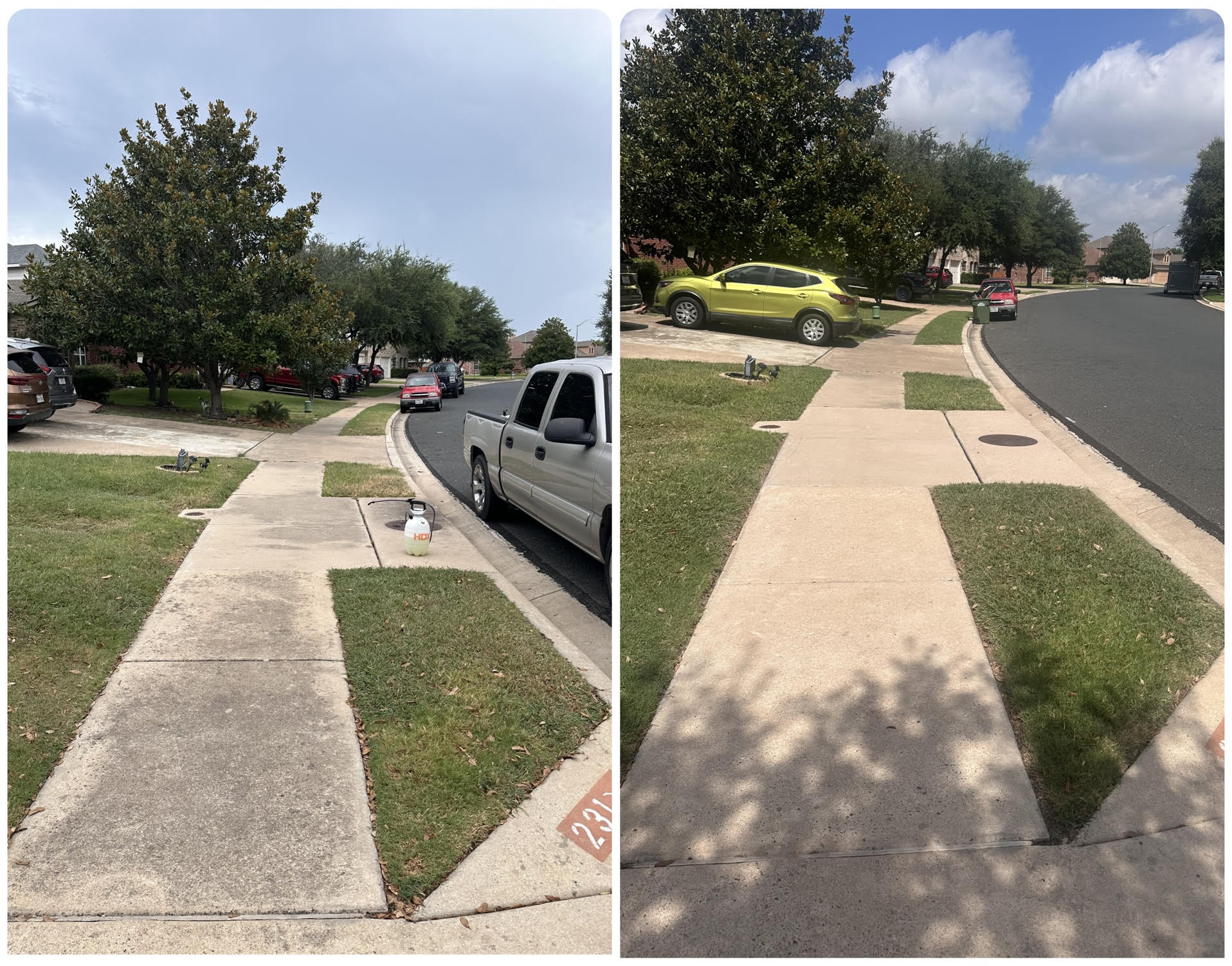 Concrete sidewalk before and after cleaning in Greater Austin