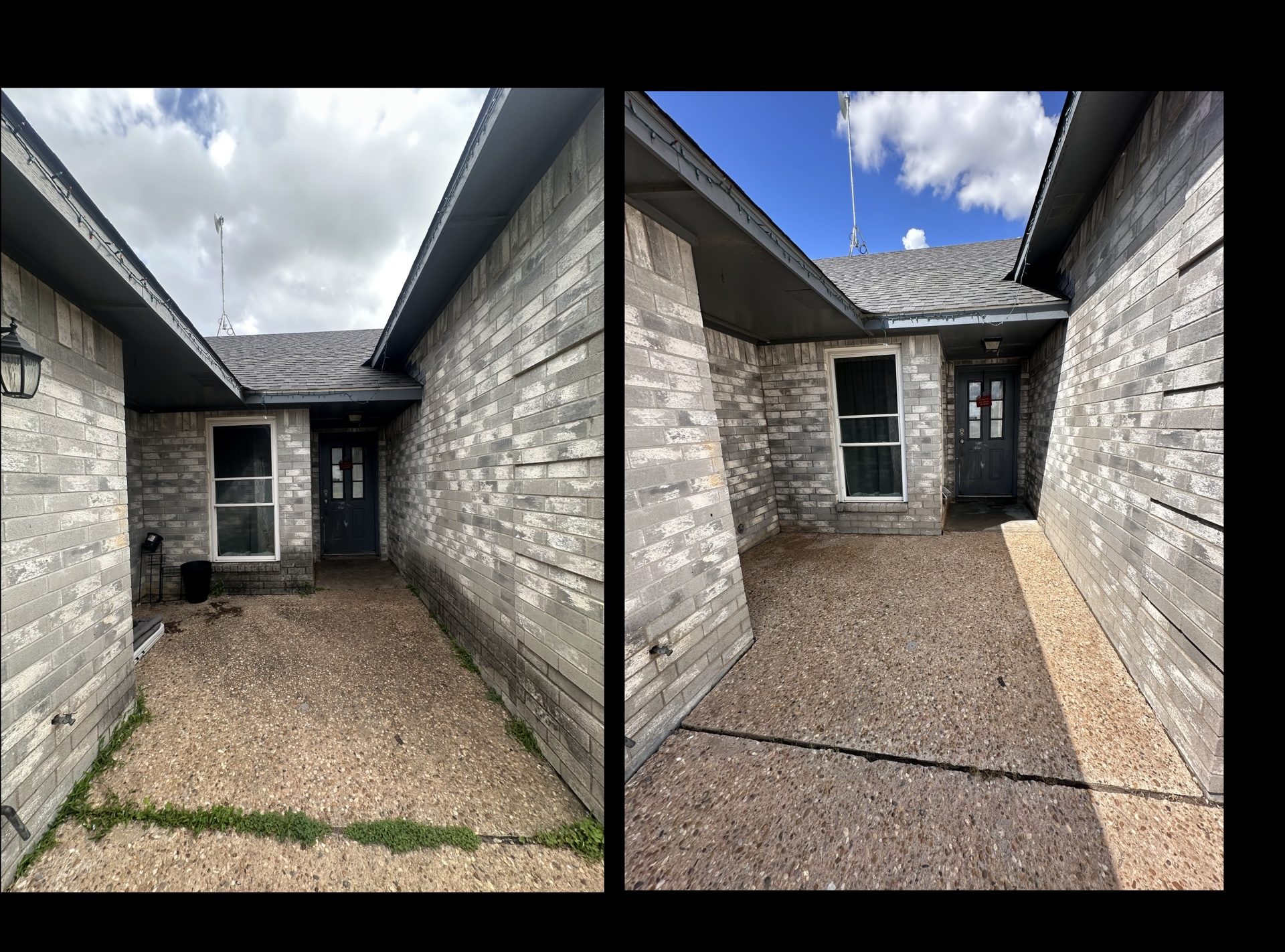 Brick entryway walkway before and after soft washing in Central Texas