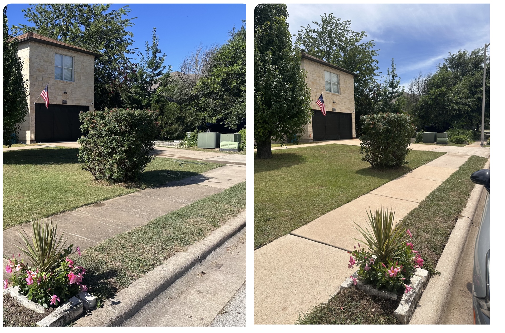 Residential sidewalk before and after cleaning in Leander, TX