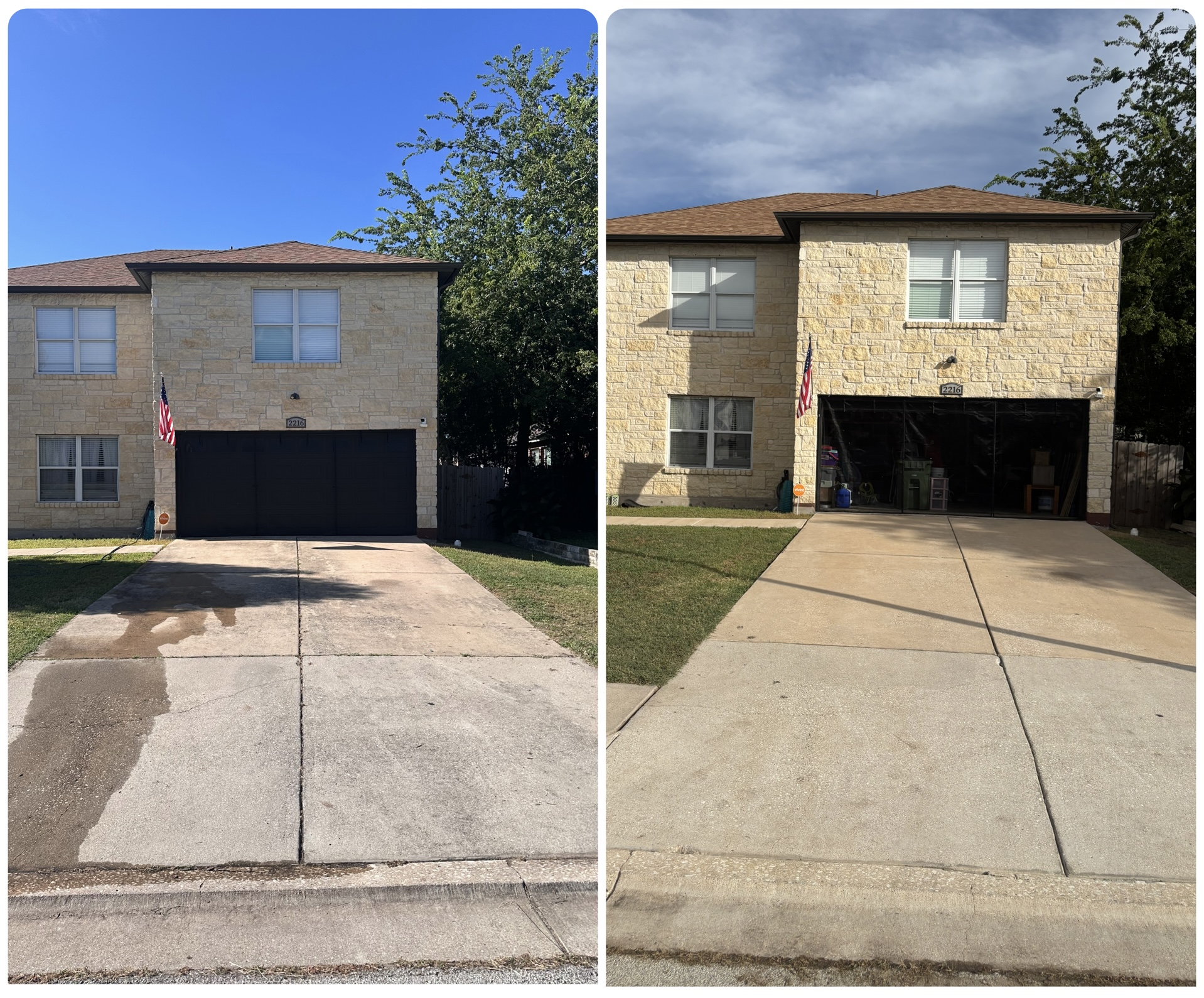 Stone home driveway before and after concrete cleaning