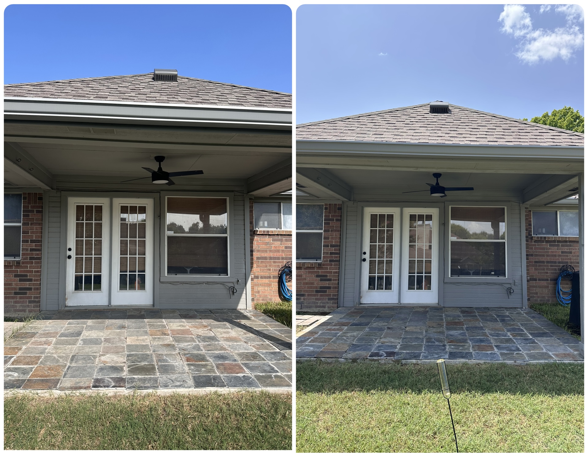 Covered stone patio before and after deck and patio cleaning in Leander, TX