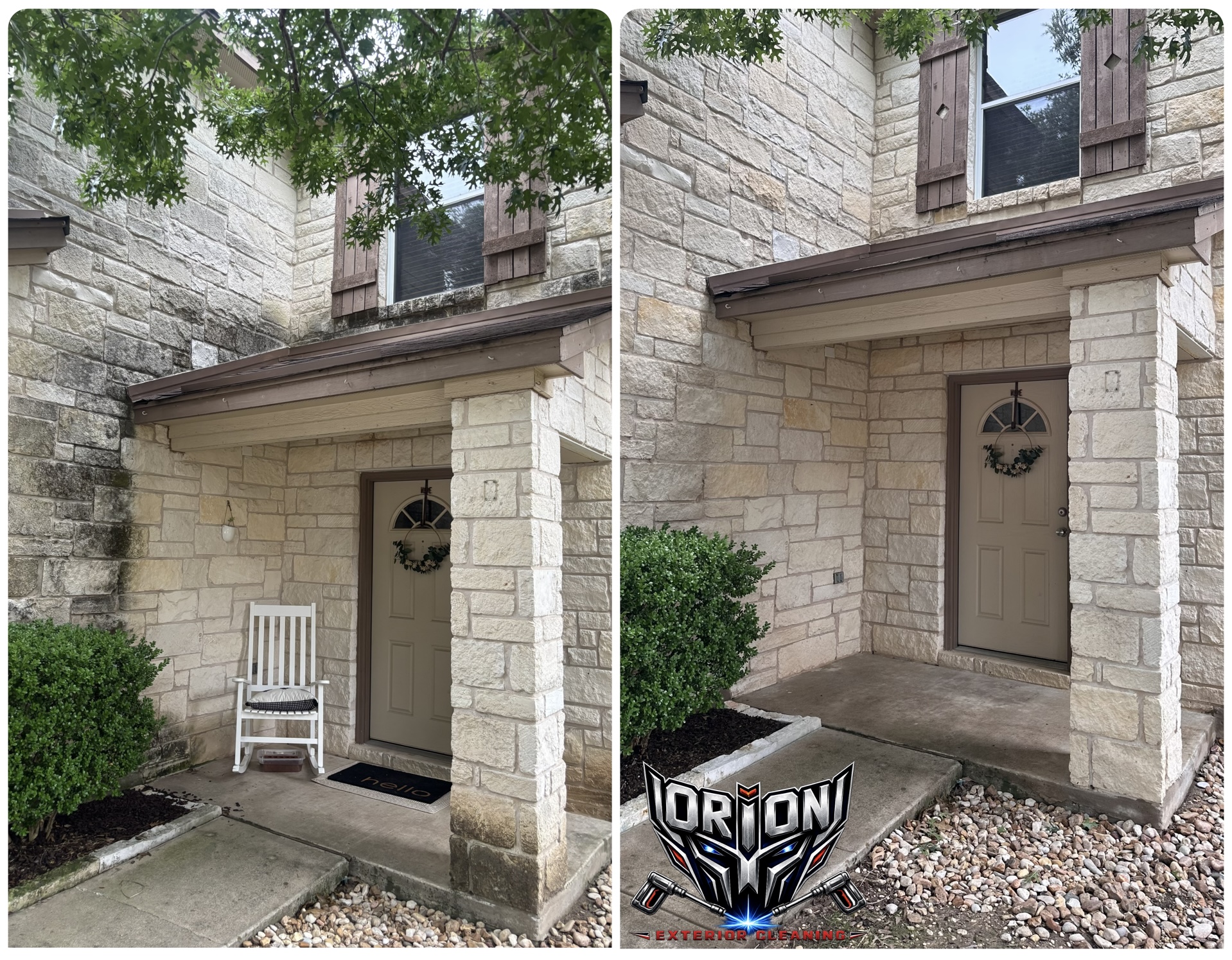 Limestone porch and entryway before and after soft washing