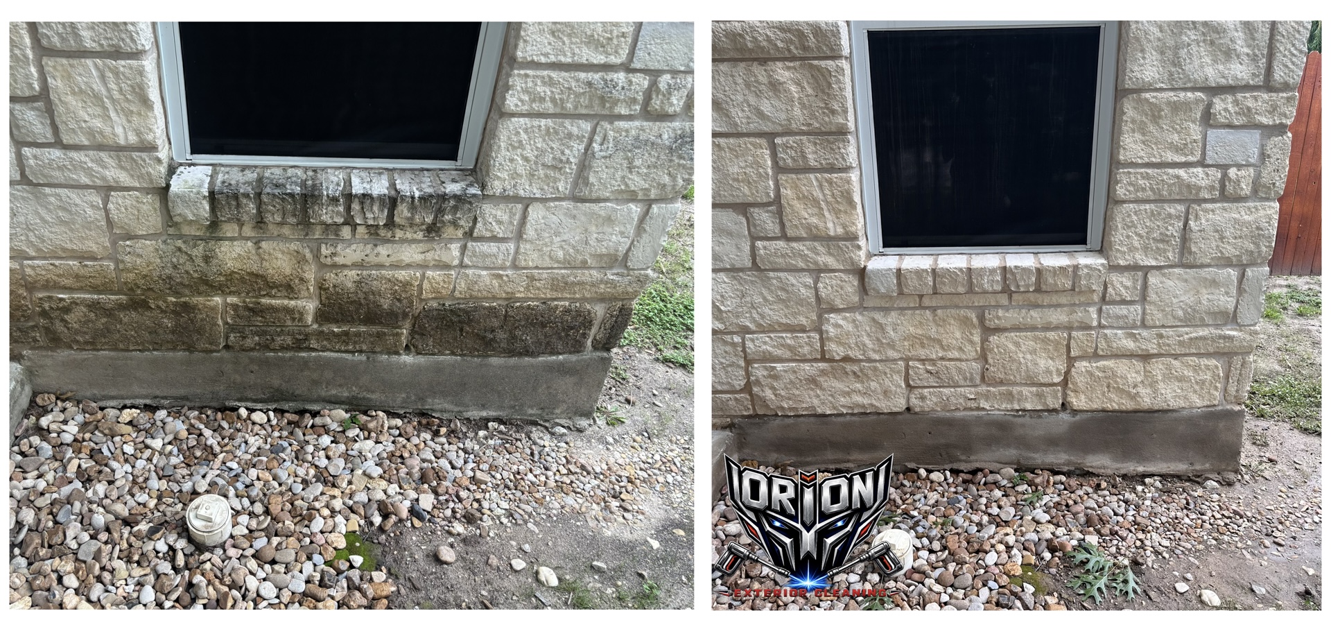 Stone foundation and window sill before and after soft washing