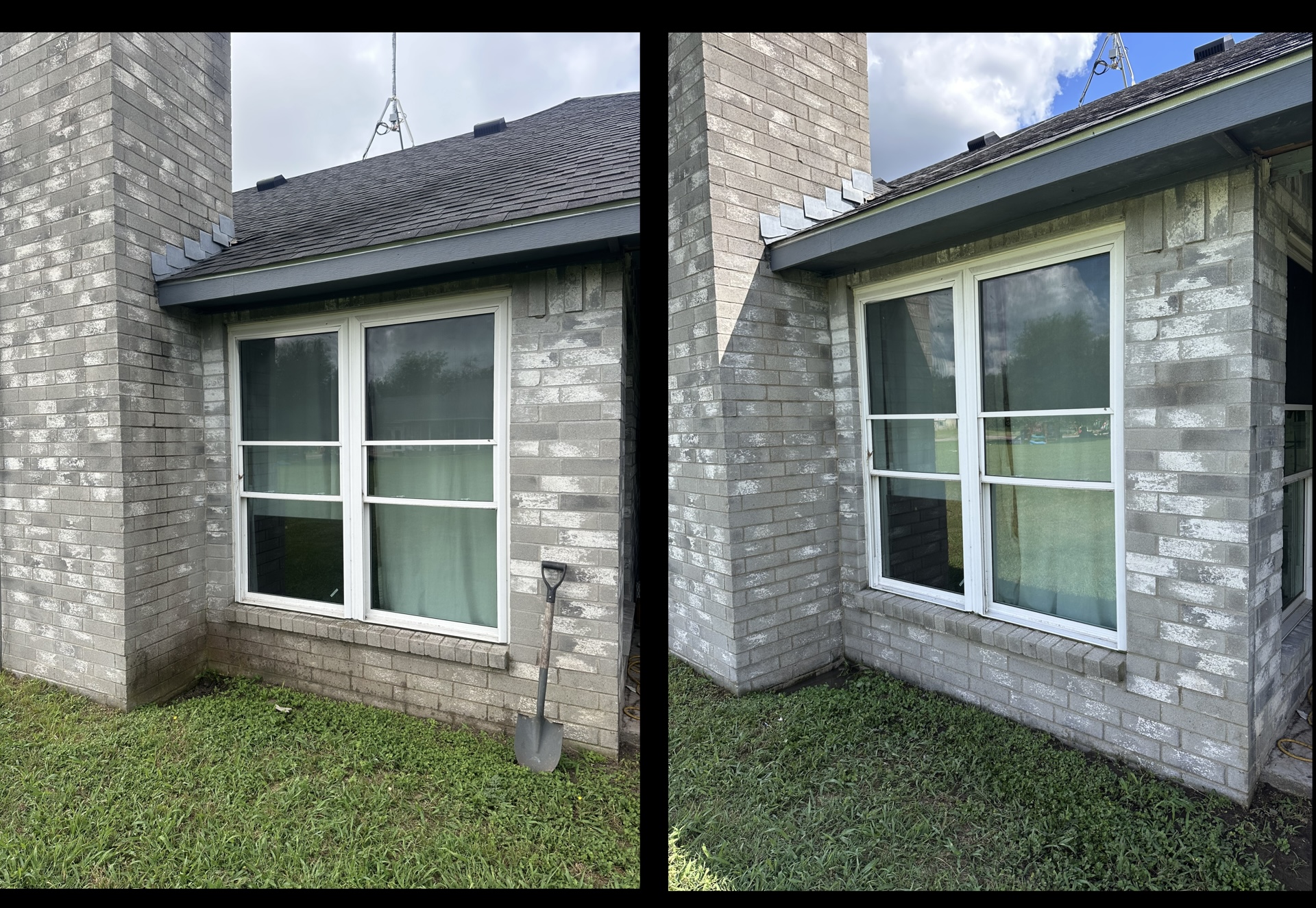 Brick exterior and window before and after soft washing