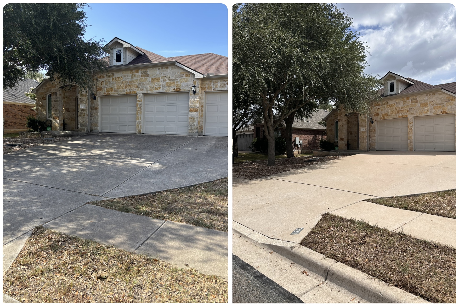 Wide driveway and sidewalk before and after pressure washing