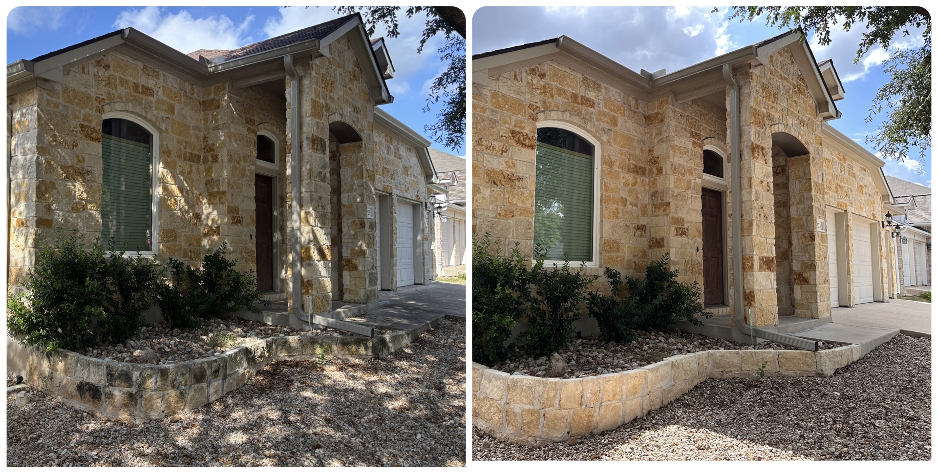 Stone home exterior and retaining wall before and after soft washing