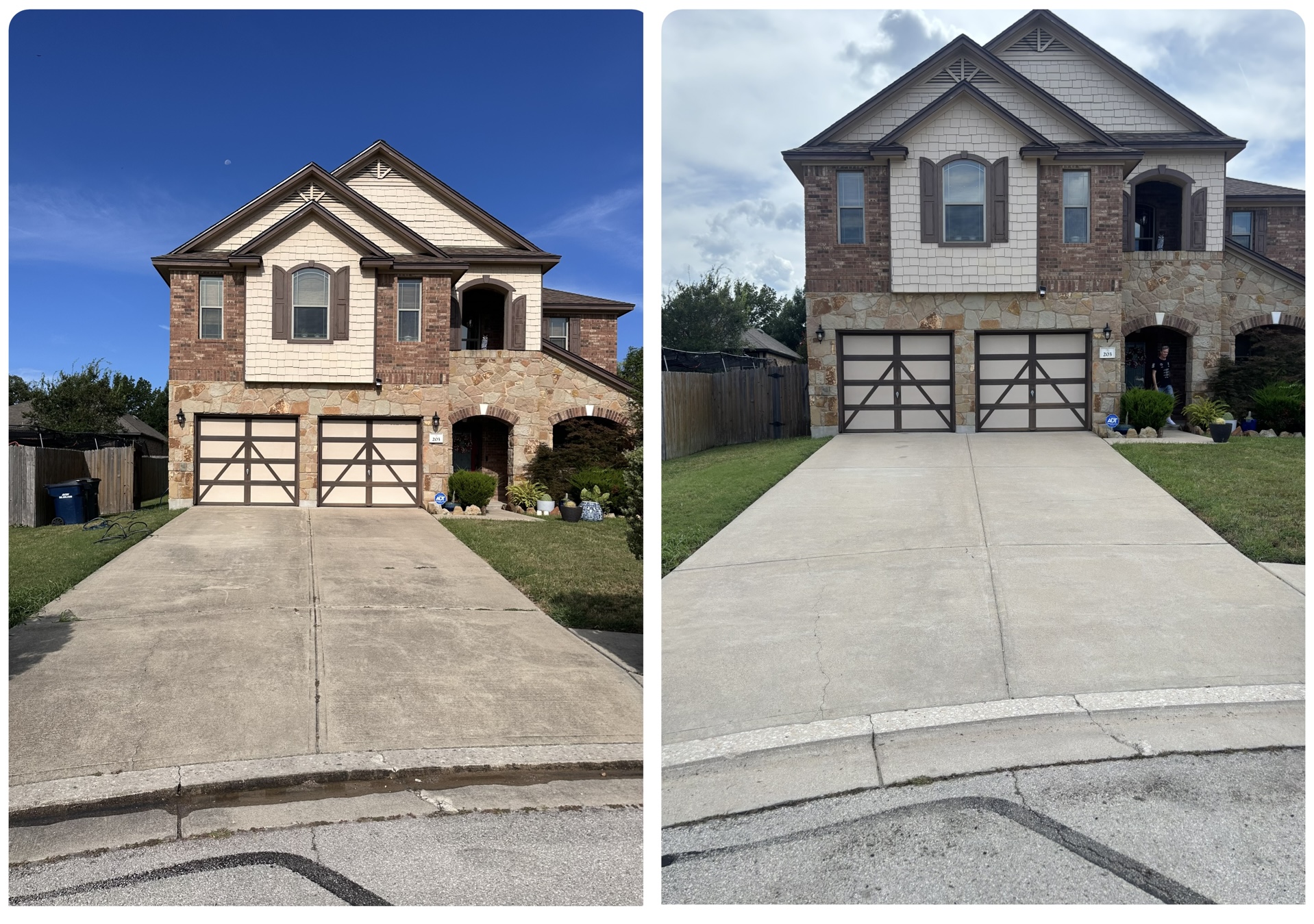 Brick and stone home driveway before and after pressure washing in Leander, TX