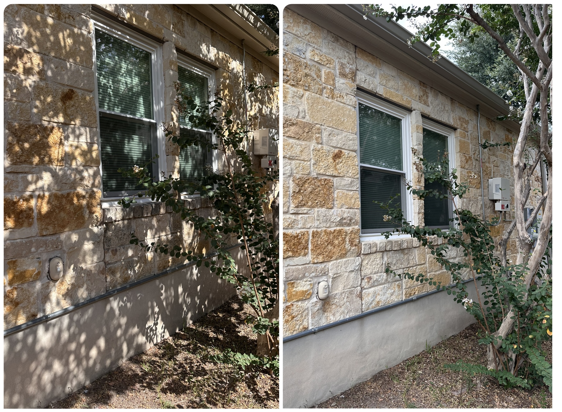 Limestone siding and windows before and after soft washing