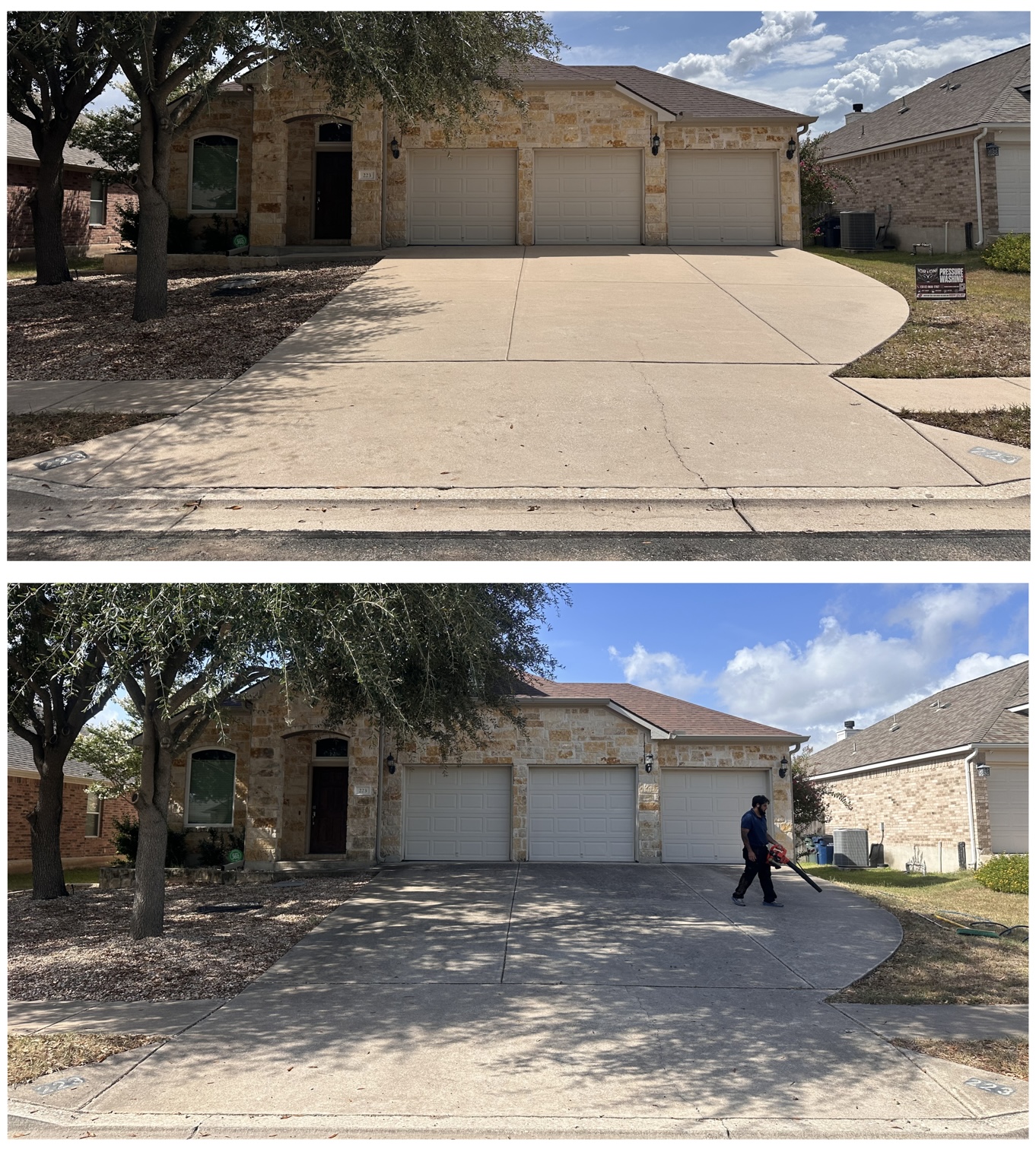 Three-car driveway before and after concrete cleaning in Central Texas