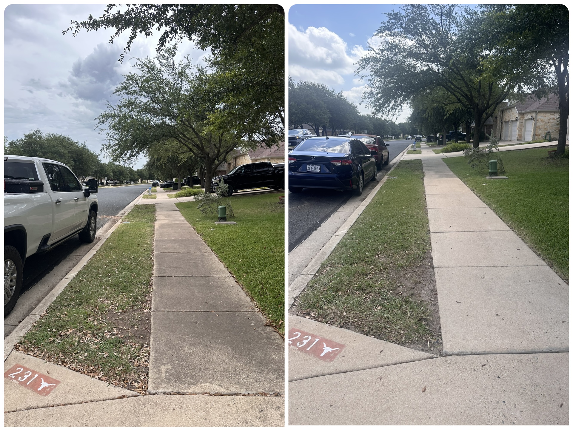 Neighborhood sidewalk before and after pressure washing in Central Texas